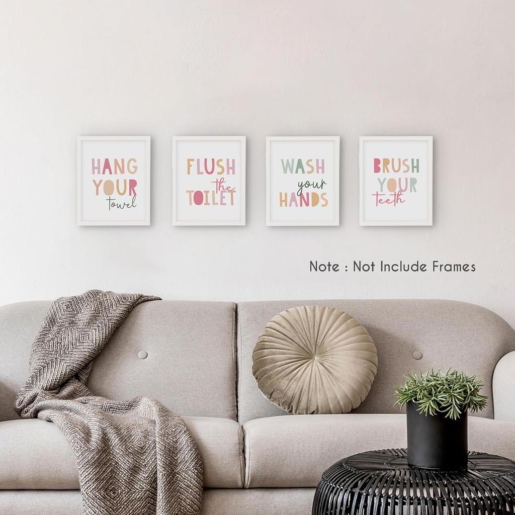 HRQKO Pink Wash Your Hands Wall Art Poster Prints Set of 4,Pink Bathroom Wall Decor, Kids Bathrooms Artwork Print Posters Wall Decor, Girls Bathroom