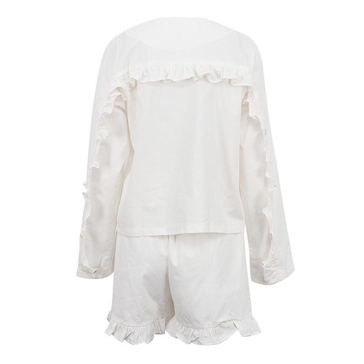 Costum de vară 2024 cu pantaloni scurți din bumbac și in cu volane - Set casual din două piese