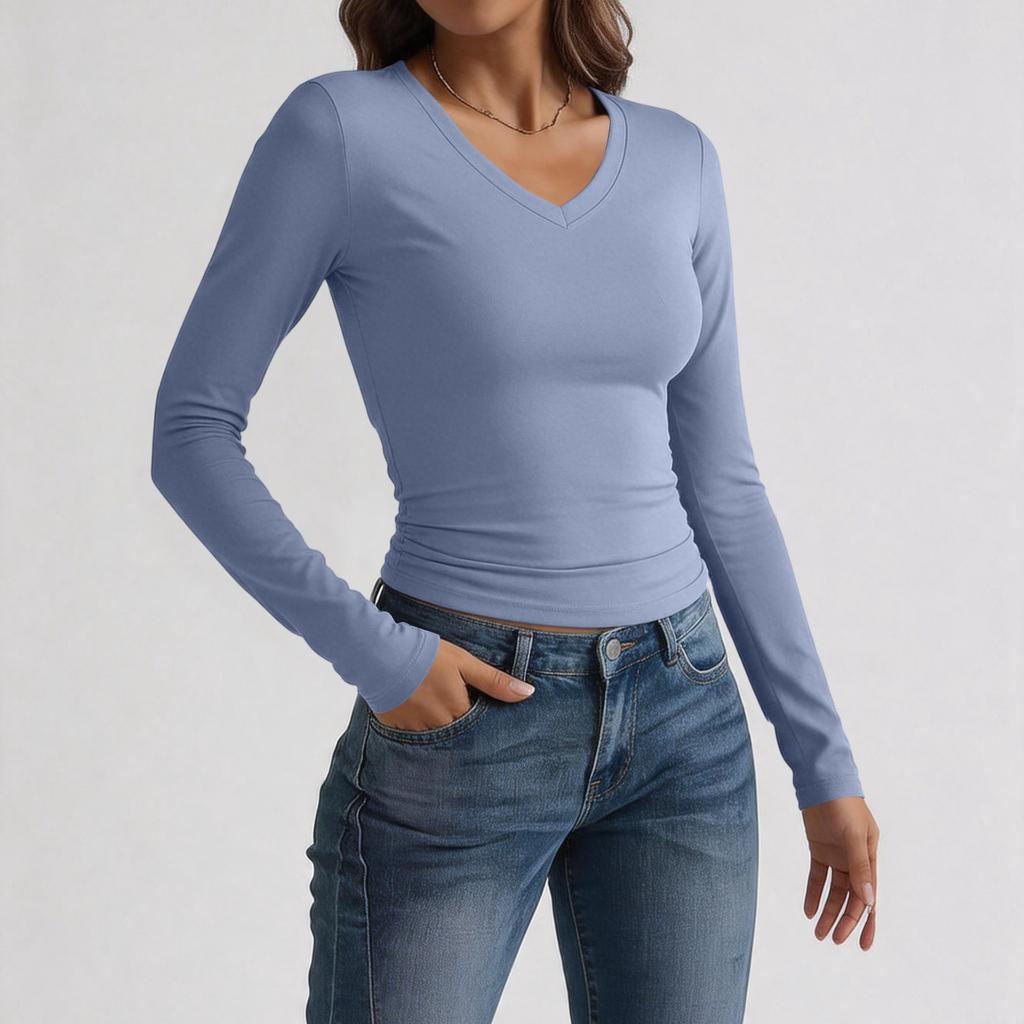 Women's Slim Fit V Neck Long Sleeve T Shirt Stretchy Milk Silk Fabric Soft Texture Basic Layering Top