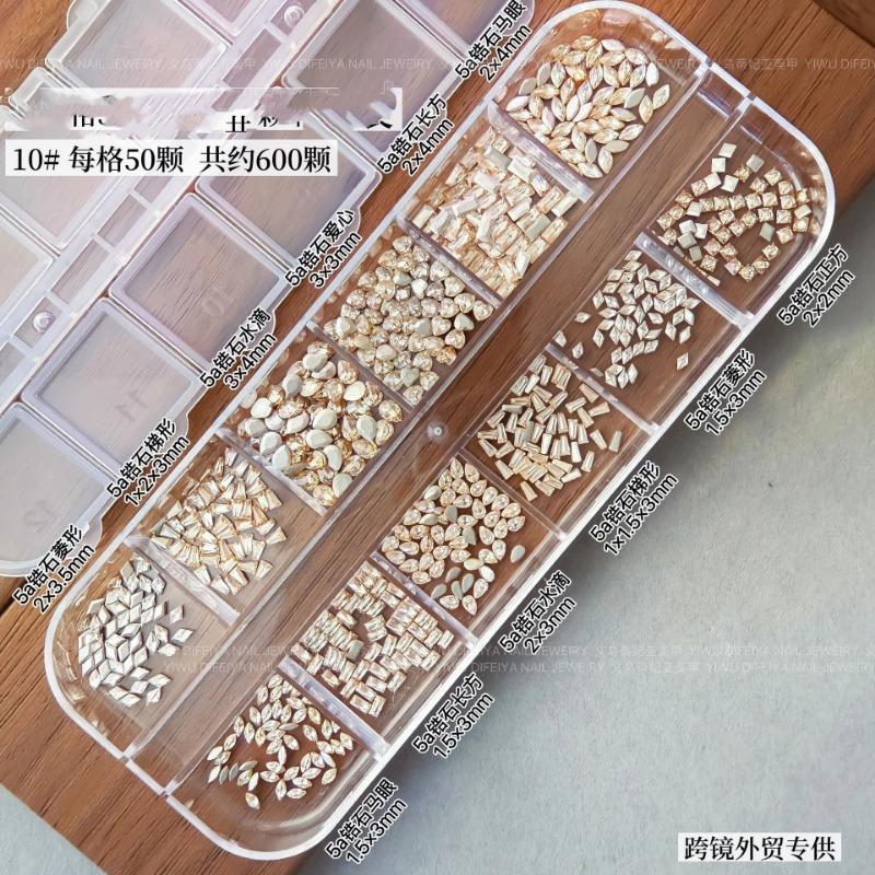 New Nail Drill Mixed 12 Box Flat Shaped Drill Mini Zircon Ice Transparent White Horse Eye Water Drop Mixed