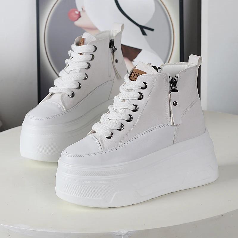 Fashion 12CM Genuine Leather PU Splice Spring Autumn Ankle Boots Women Platform Cushioned Wedge High Brand Chunky Sneakers Fashion Shoes