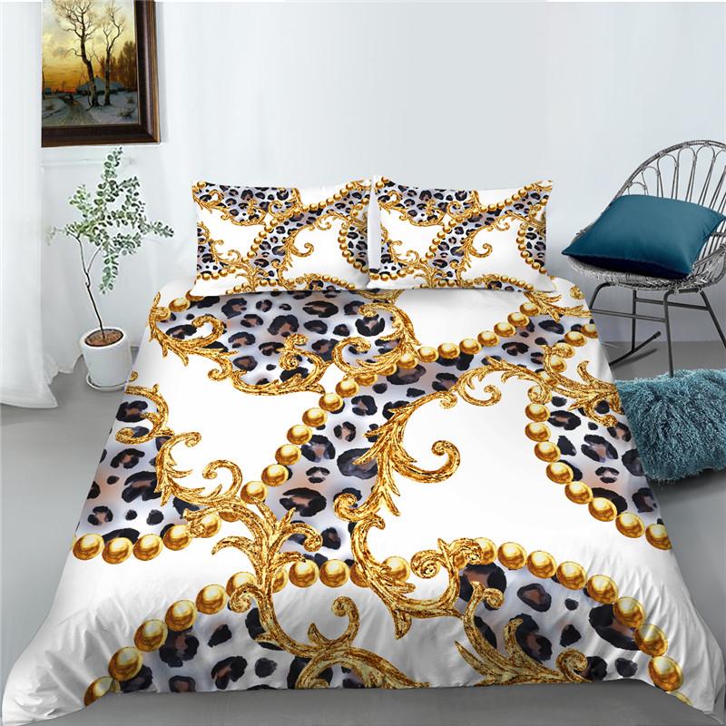 Bettbezug-Set mit Leopardenmuster, Mikrofaser, europäischer Retro-Klassiker, Druck, Doppelbett-Bettbezug mit Leopardenmuster und Goldkette, Kingsize