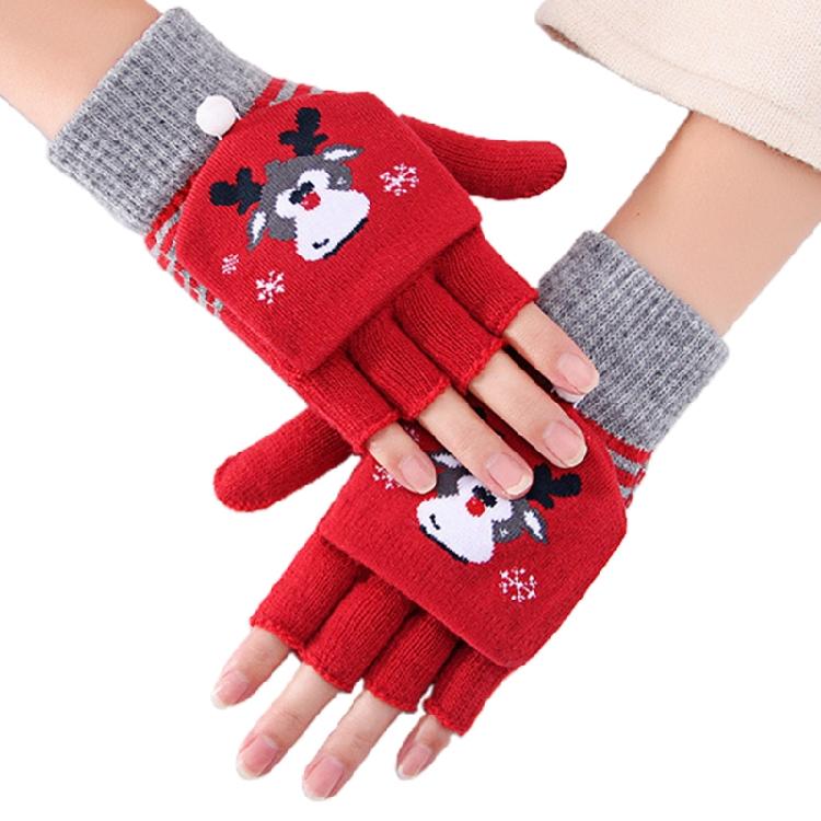 Soft Winter Gloves Warm Mitten Flip Half&Full Finger Christmas Convertible Glove