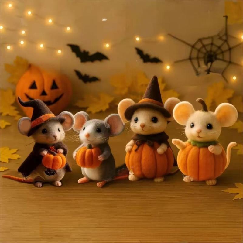 Festives Felt Pumpkin Mouse with Witch Hat Ornament For Halloween Party Home Office Desk Decors Handmade Craft Gift