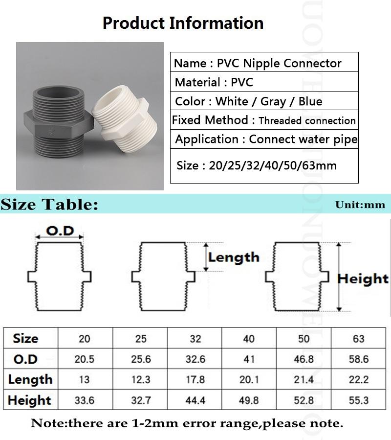 5pcs Grey PVC Nipple Connector 1/2" 3/4" 1" PVC Pipe Connector Garden Irrigation Pipe Fittings Aquarium Water Supply Tube Joints