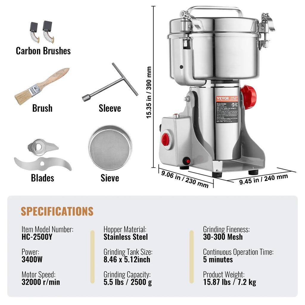 VEVOR 2500g Electric Grain Mill Grinder, High Speed 3400W Commercial Spice Grinders, Stainless Steel Pulverizer Powder Machine