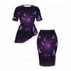 Women Plus Size Round Neck Short Sleeve Purple Butterfly Printed Asymmetric Top Fitted Skirt Two Piece Set