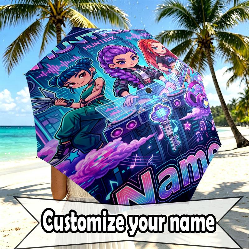 Custom Name Personalized Kpop Demon Hunter Print Umbrella, Auto Open Close, 8‑Rib Sturdy Frame, Commute Camping Hiking Use, Birthday Gift