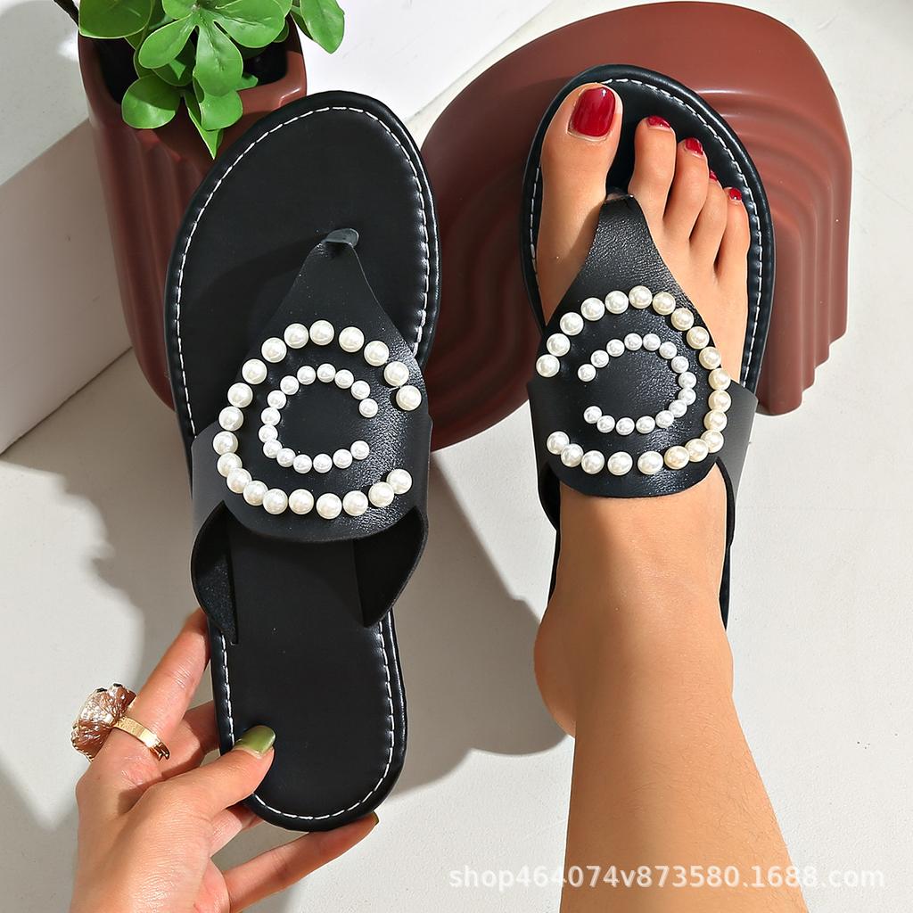 Fashion Plus Size 2025 Summer New Women's Flip Flops Slippers Outdoor Low Heel String Bead Sandals High Quality Daily Beach Slippers