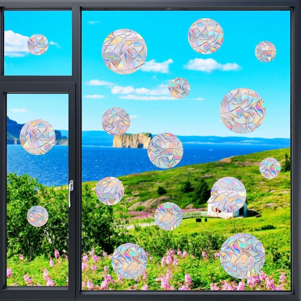 36PCS Circle Window Clings - Anti-Collision Window Decals To Save Birds from Window Collisions,Non Adhesive Prismatic Vinyl Window Clings, Rainbow