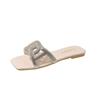 New Slippers Rhinestone Women Sandals Square Head Large Size Flats Slippers Sho