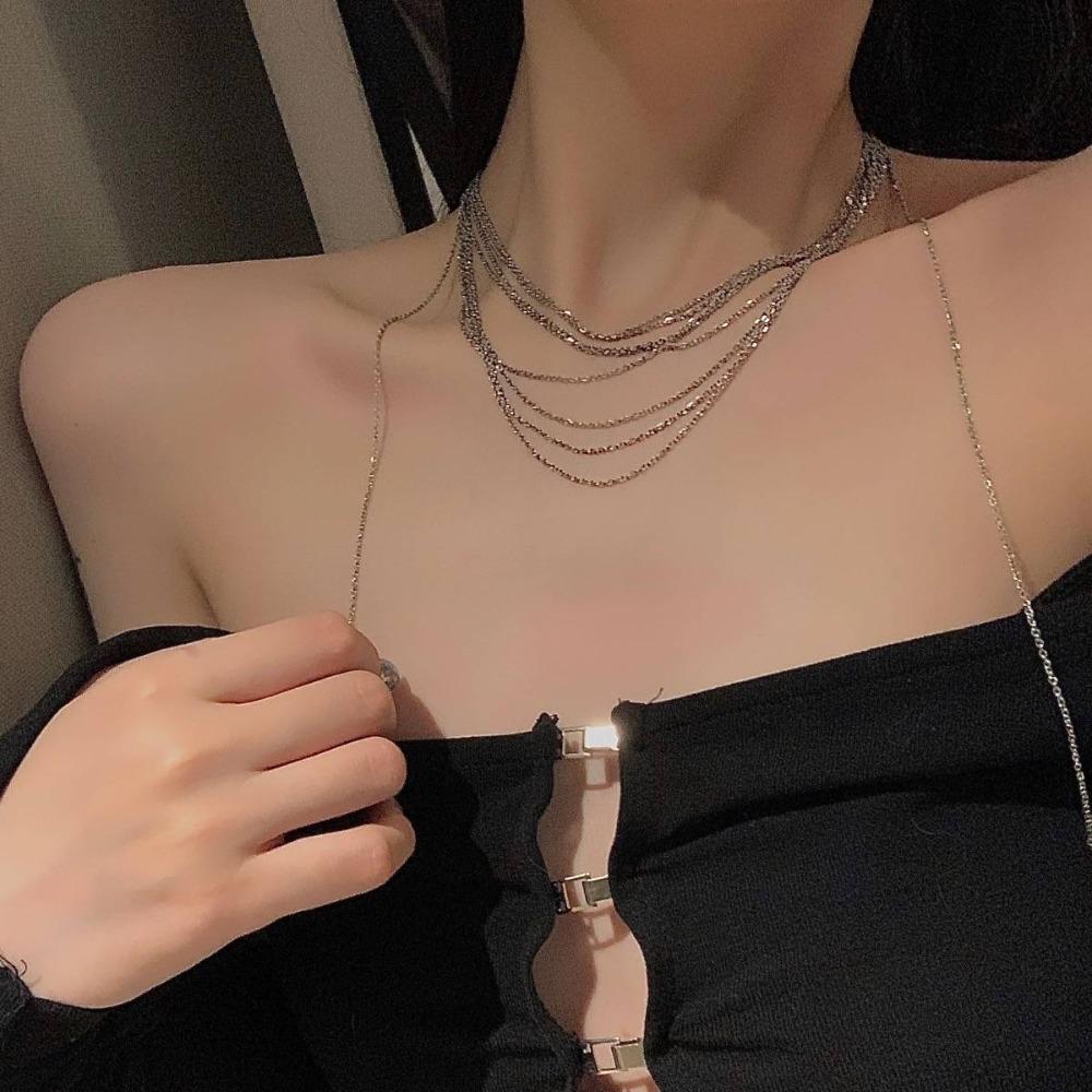 Multilayer Flash Fringe Necklace Glitter Long Sweater Chain Fashion Multi Layer Necklaces  Wedding