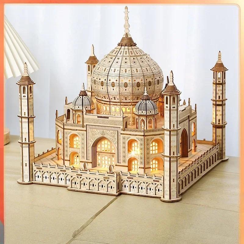 3D Træpuslespil Hus Kongeligt Slot Taj Mahal Med Lys Samlespil Legetøj Til Børn Voksne DIY Model Sæt Skrivebordsdekoration Til Gaver