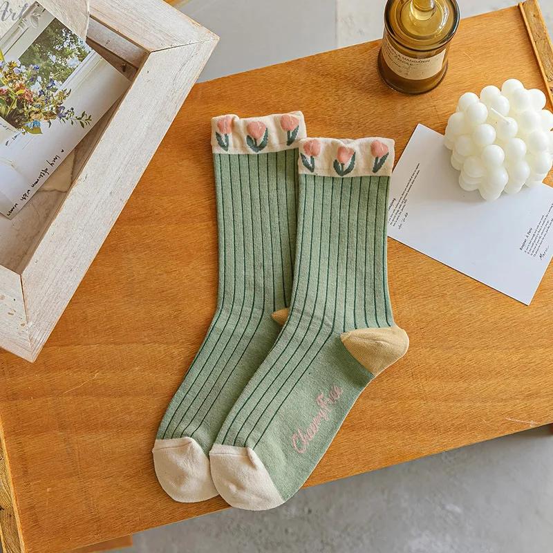 Women Socks Japanese Korean Style Cartoon Flower Rabbit Harajuku Cute Kawaii Mid Tube Breathable Casual Short Cotton Socks