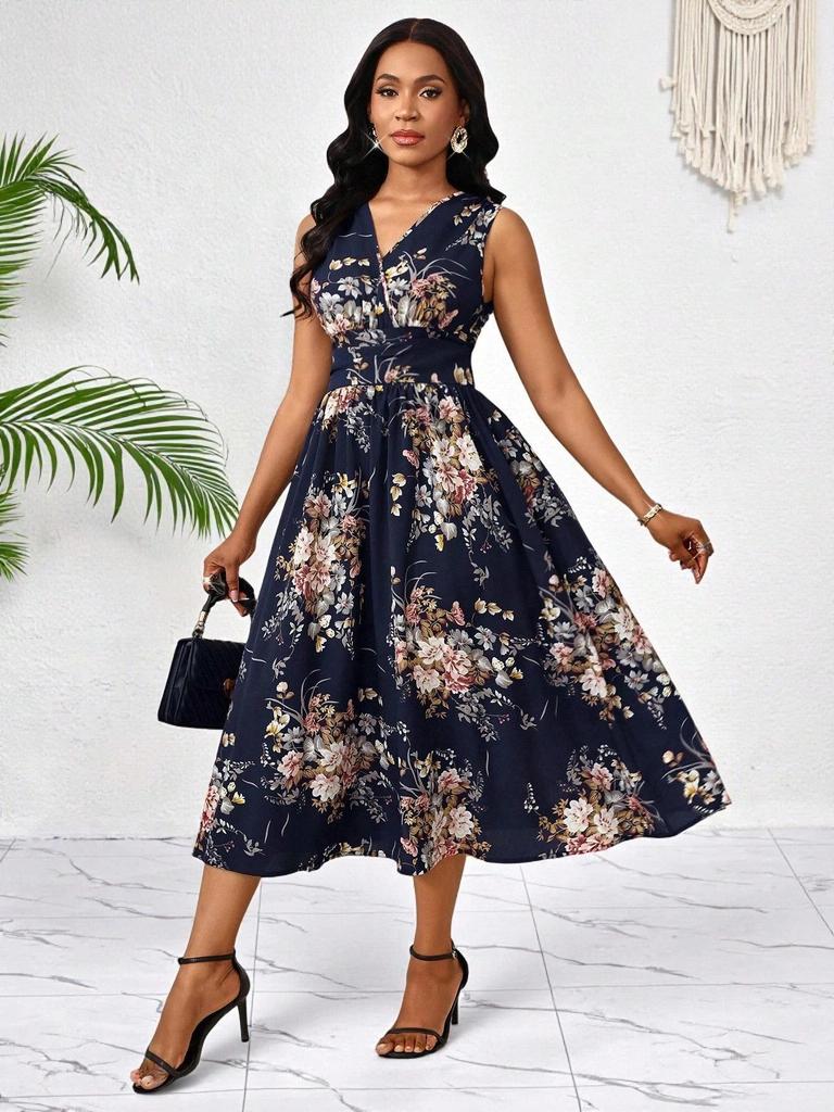 European & American Women's Plus Size Floral Sleeveless V-Neck Midi Dress