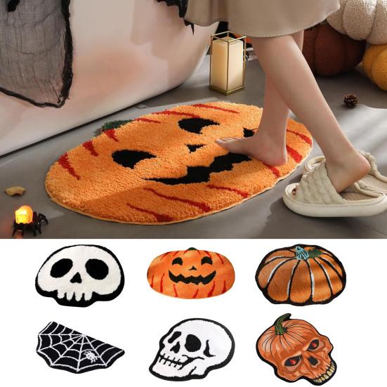 Halloween Welcome Doormat Half Circle Spider-Web Bat Skull Pumpkin Shape Floor Mat Non-Slip Entrance Mat for Front Door Porch Home Decoration
