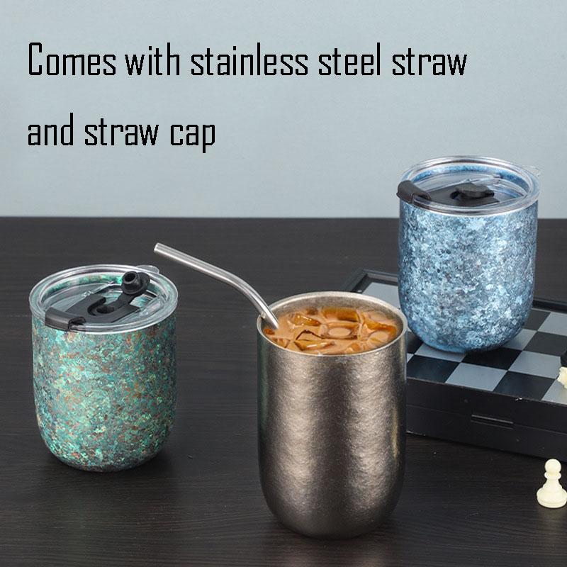 260/360ML Eggshell Beer Mug With Lid And Stainless Steel Straw,Double Layer Pure Titanium,Insulated,Crystal U-shaped Water Cup