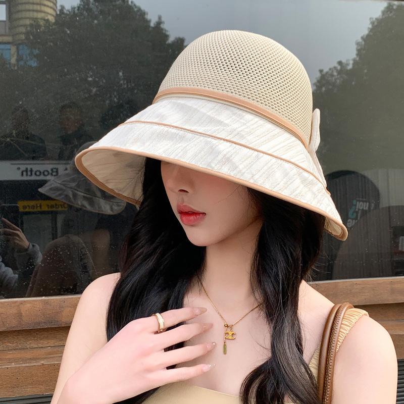 Spring and Autumn New Hat Women's Knitted Mesh Bow Bucket Hat Summer Colored Glue Sunscreen Visor