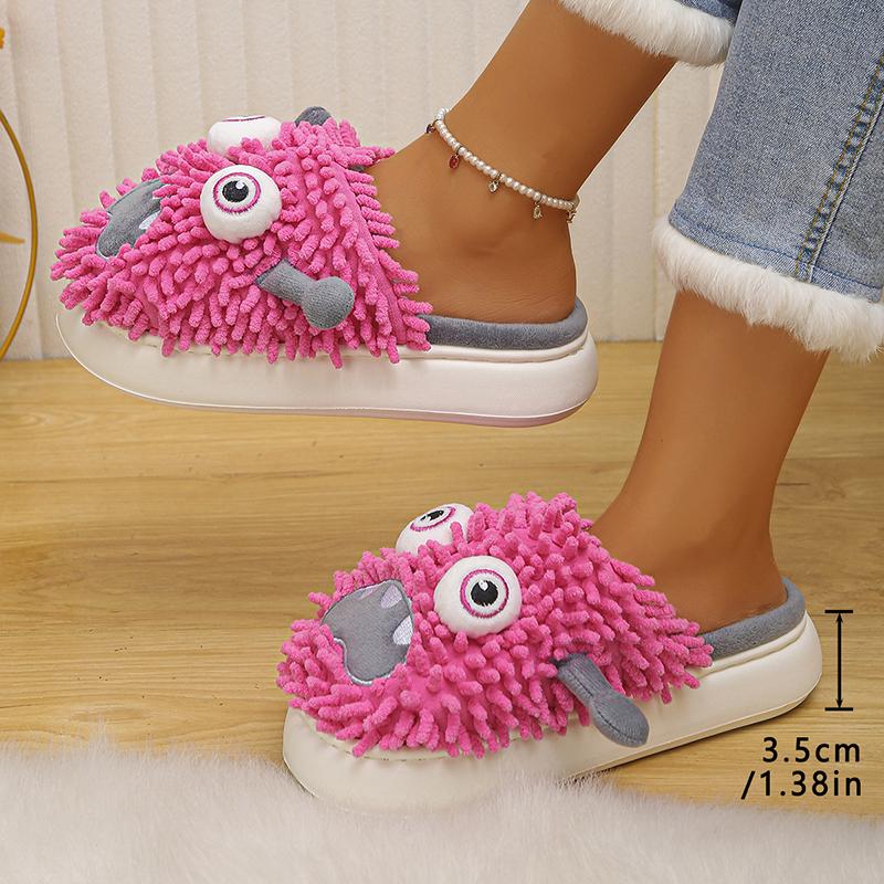 Fashion Cartoon Monster Fluffy Slippers for Women Winter Thick Sole Warm Cotton Slippers Woman Funny Indoor Anti-Slip Home Slides Shoes