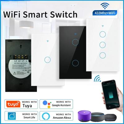 Tuya WiFi Smart Wall Touch Switch RF433Mhz 1/2/3 Gang Panel Switch Without Neutral Wire US Works With Alexa Google Assistant
