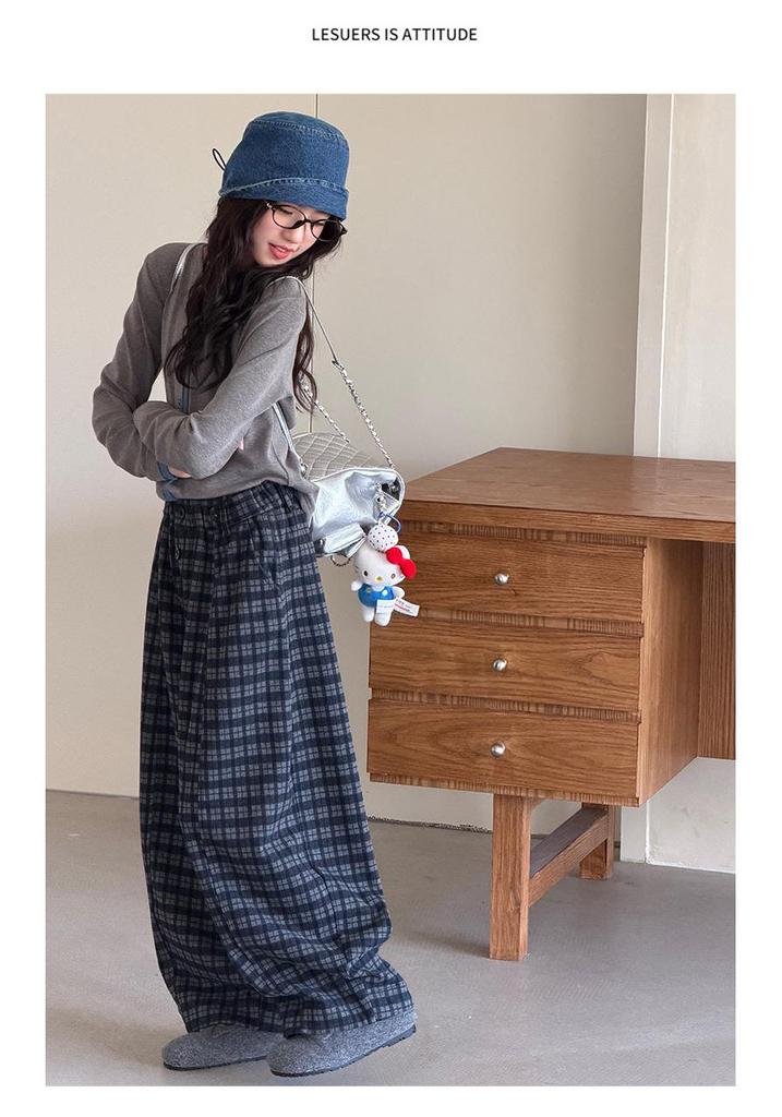 Girls' Casual Plaid Wide-Leg Pants - 2026 Autumn Style for Medium and Large Kids
