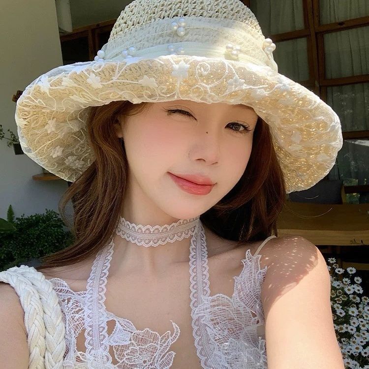 French lace pearl lace-up hollow straw hat 2025 summer new floral big brim sun hat seaside outing