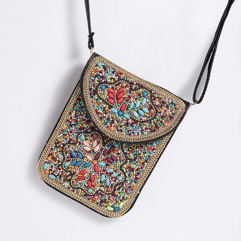 Exquisite Bohemian Style Crossbody Bag with Rice Beads, Shells, and Flowers