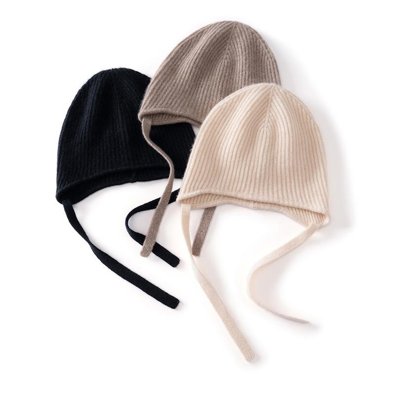 Autumn and Winter New% Pure Cashmere Hat Women's Fashion Lace-up Big Head Circumference Versatile Wool Knitted Ear Hat Tide