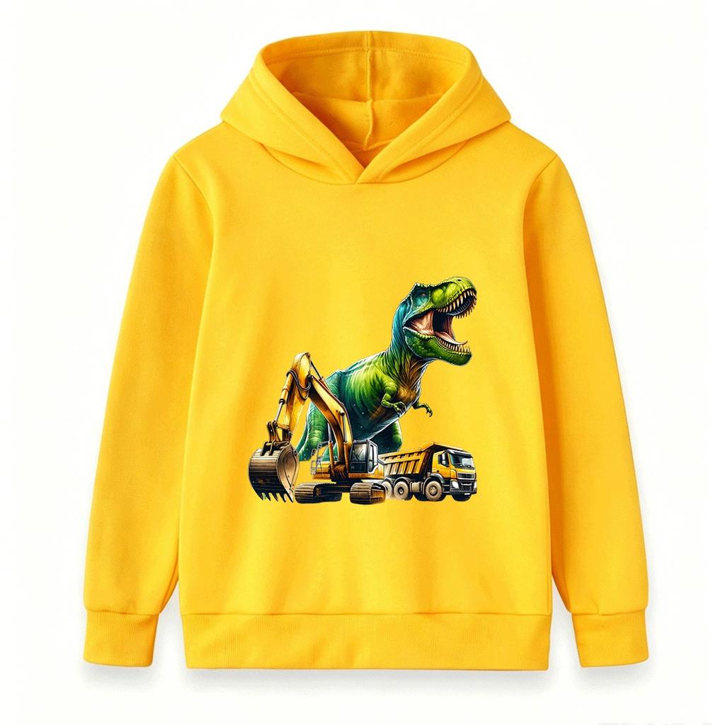 Kids Boys Girls Hoodie Sweatshirt Cool T-Rex Dinosaur Excavator Dump Truck Print Casual Pullover Hooded Tops for Construction Dino Fans