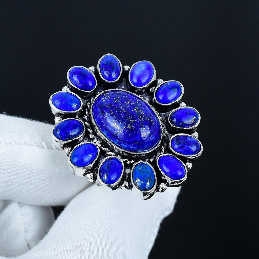 Natural Lapis Lazuli Gemstone Ring, 925 Sterling Silver Ring, Gift For Her, Oval Stone ,Elegant Handmade Ring, Lapis Lazuli Flower Silver Ring Gift