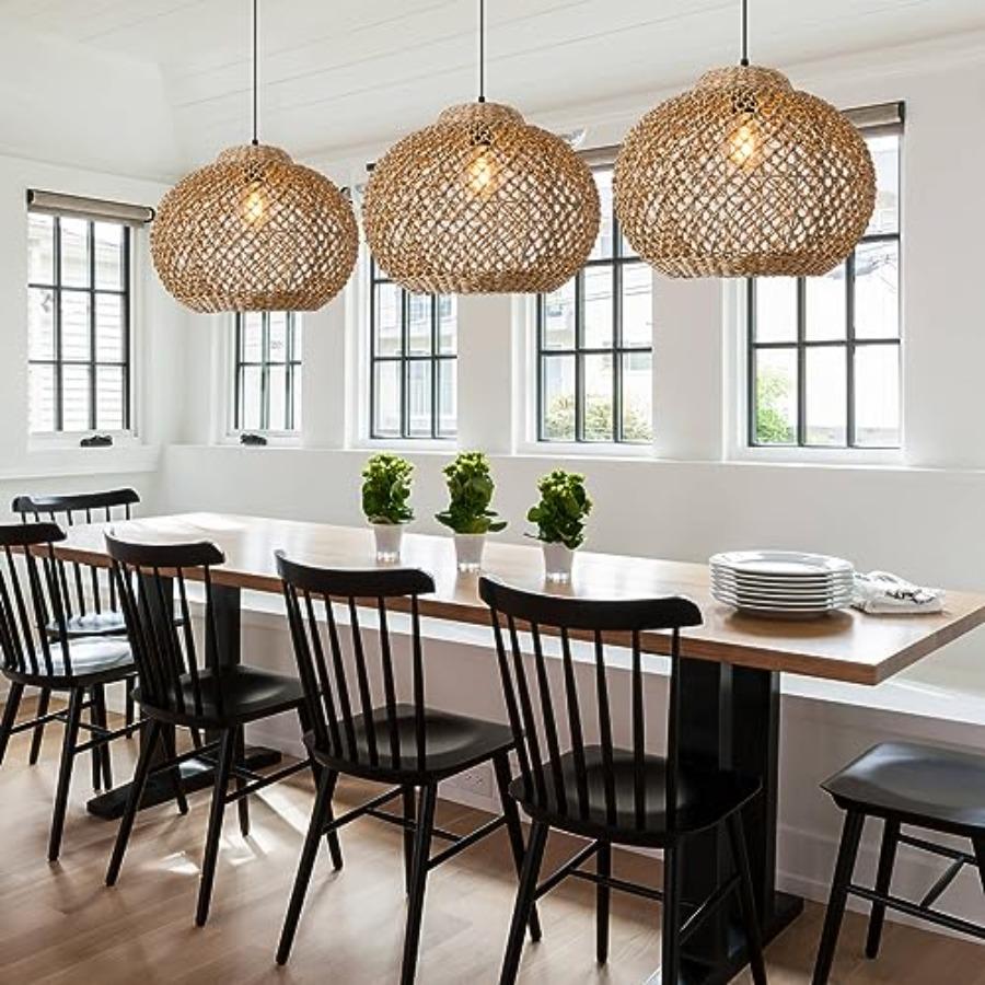 13.77 Woven Rattan Pendant Light Hand-Woven Water Plants Rattan Chandelier 1-Light Boho Wicker Coastal Retro Ceiling Chandelier