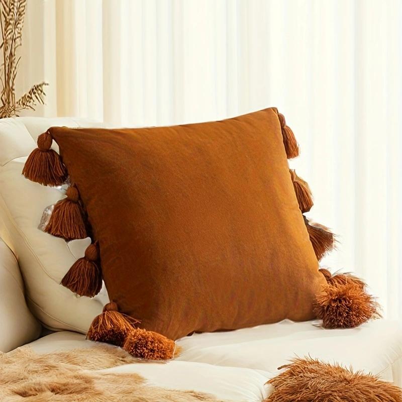 1 st Schattige Boho Stijl Decoratieve Sierkussenhoes Met Handgemaakte 10 Kwastjes, Zacht Fluweel Effen Kleur Vierkante Kussenhoes Voor Thuis 45x45cm brown