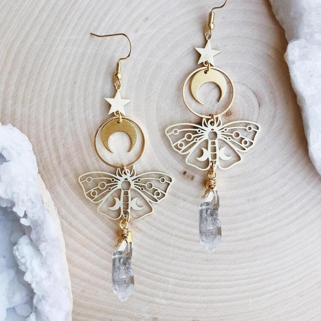 Bohemian Moon Earrings, Celestial Crystal Earrings, Witchy Goddess Quartz Dangle, Statement Earrings
