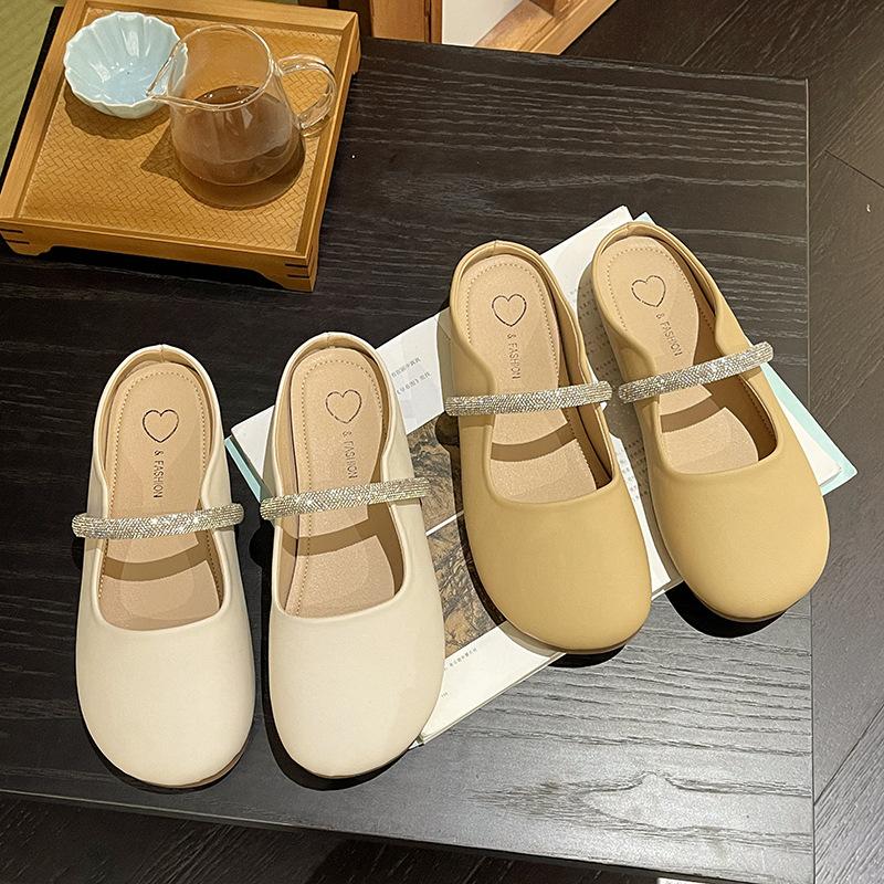 Baotou half slippers women's spring summer 2025 new Internet celebrity fashion rhinestone single shoes soft sole wear French sandals