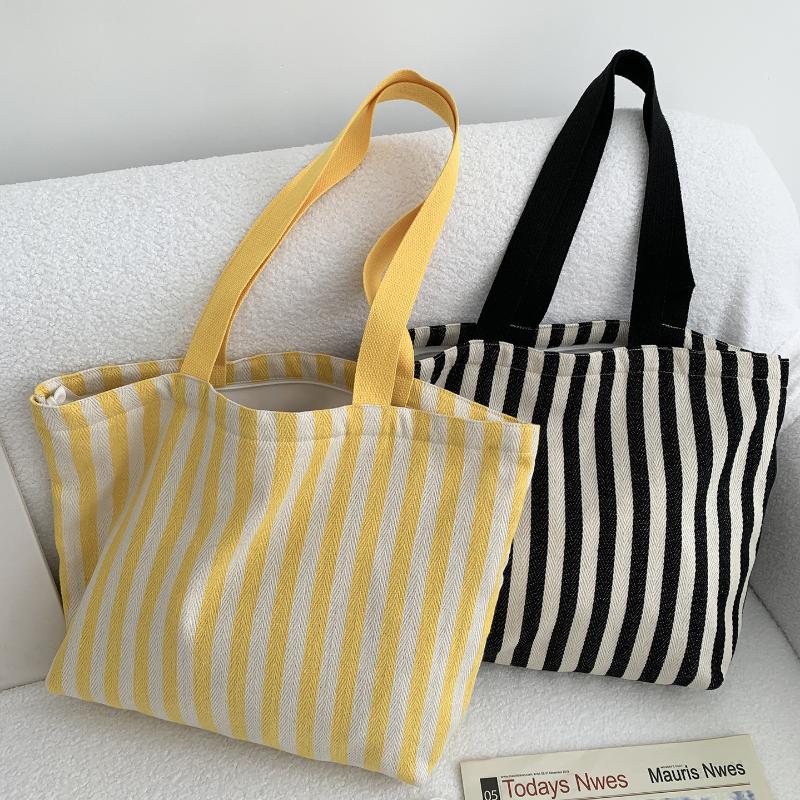 1Pcs Female Daily Shopping Bags Simple Striped Women'S Canvas Casual Shoulder Bags Fashion Large Capacity Ladies Tote Handbags