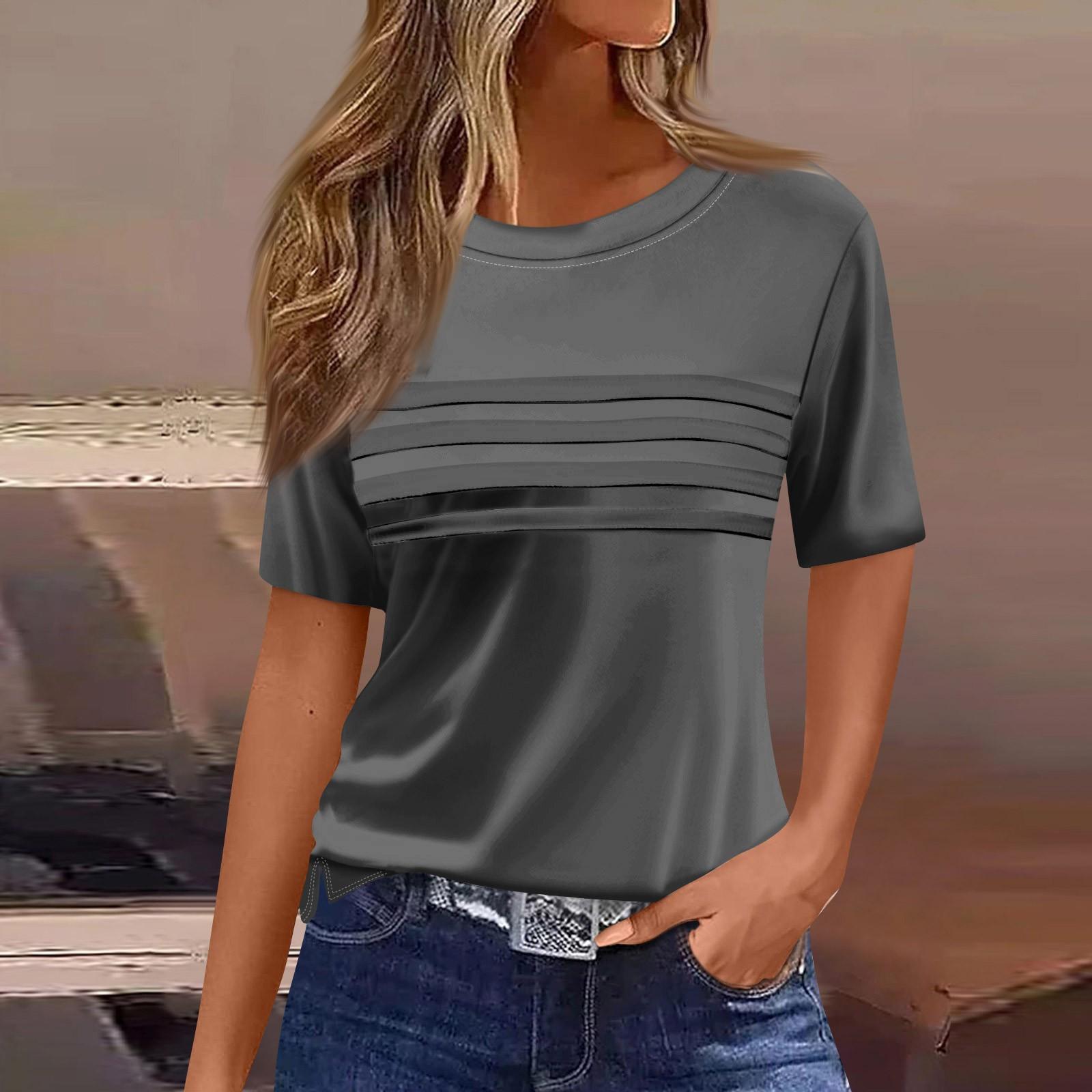 Women s Pleated Round Neck Color Short Sleeve T-shirt Hem Slit Top XL