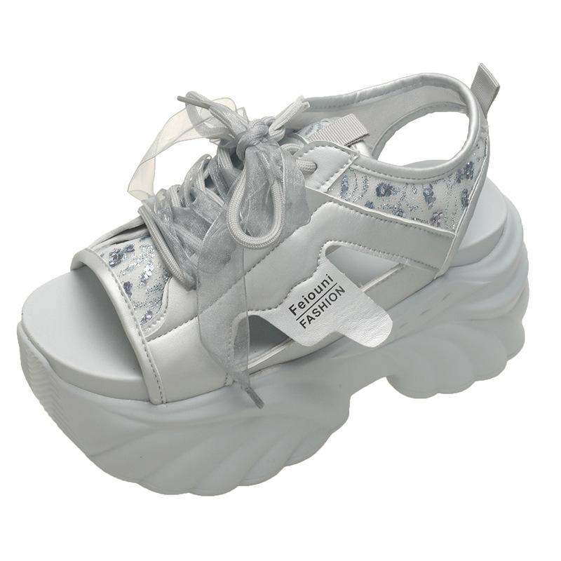 

2025 summer new Korean version fashion fish mouth lace-up muffin bottom fashion casual large size women s Roman fish mouth cool 39 серый