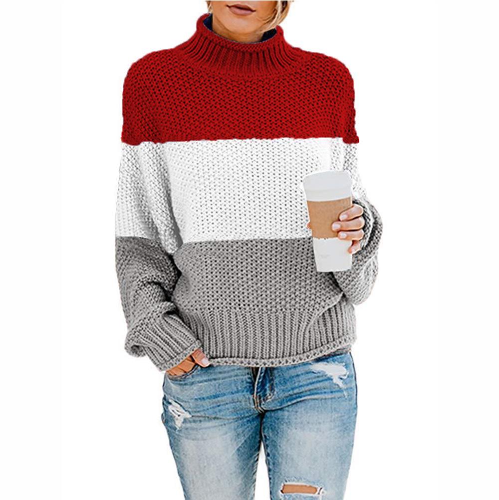 2025 Cross-border Women's Thick Knit Color Block High Neck Sweater Pullover