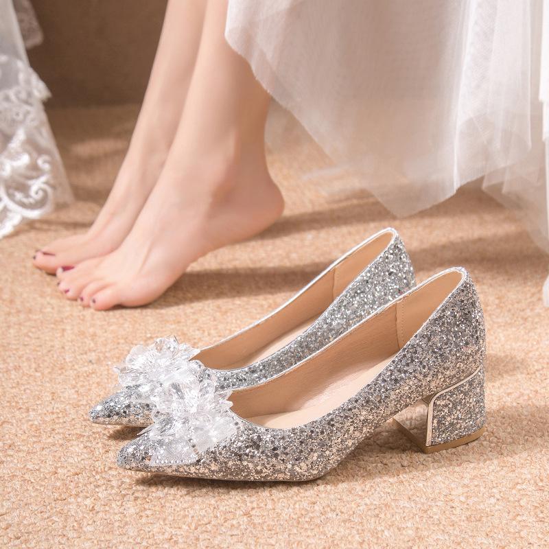 Large size Chinese wedding shoes bridal shoes new crystal sequined wedding show heel pointed single shoes