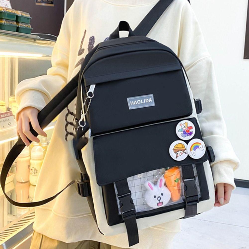 Simple Badge Shoulder Backpack Nylon Korean Style School Bag Sweet Large Capacity Bags  Girls