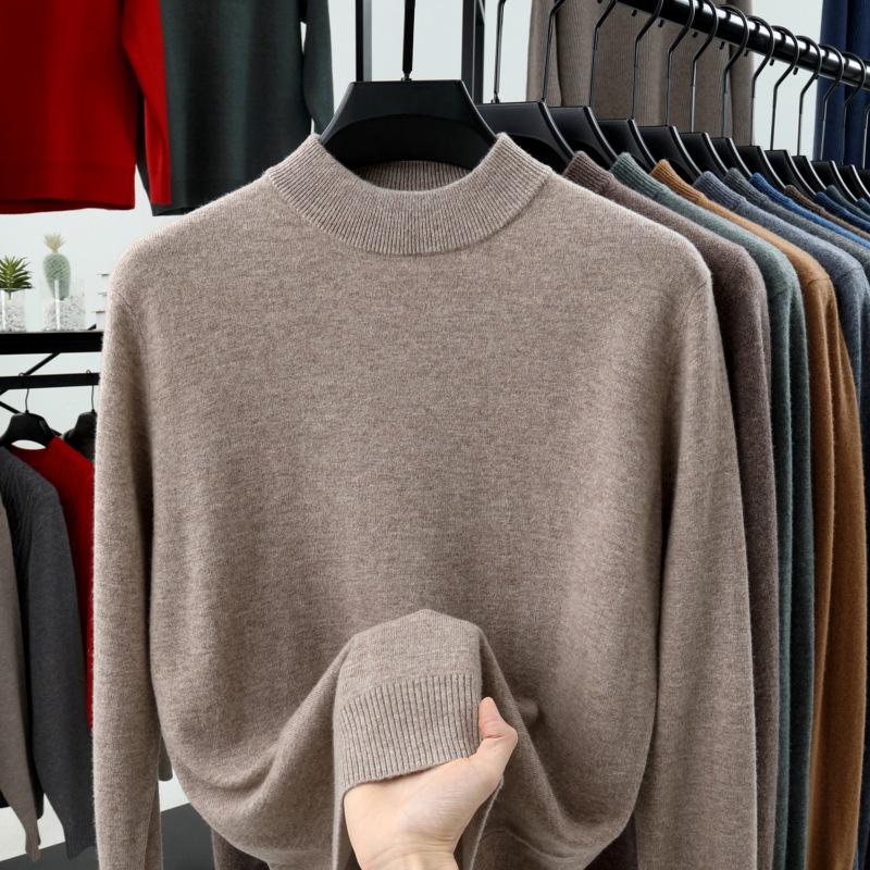 2024 Men's Pure Wool Half-High Neck Sweater, Autumn Winter Knitwear, High-End Casual Base Layer