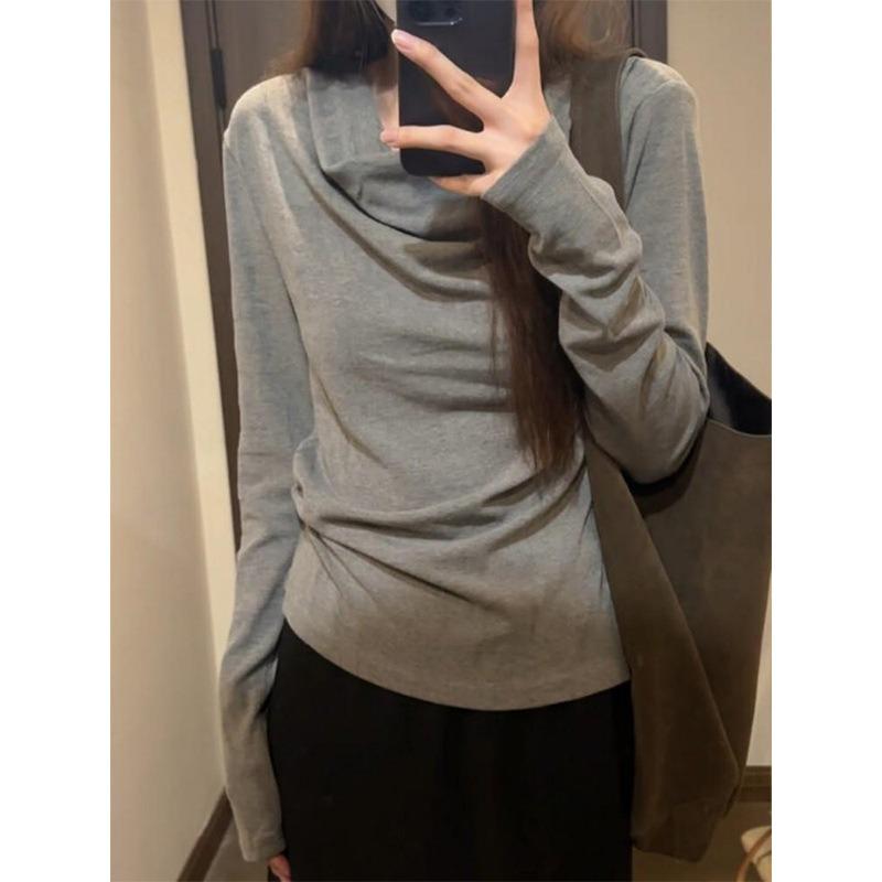 High-end gray one-word shoulder long-sleeved women's top spring new slim-fitting and thin shirt versatile bottoming shirt