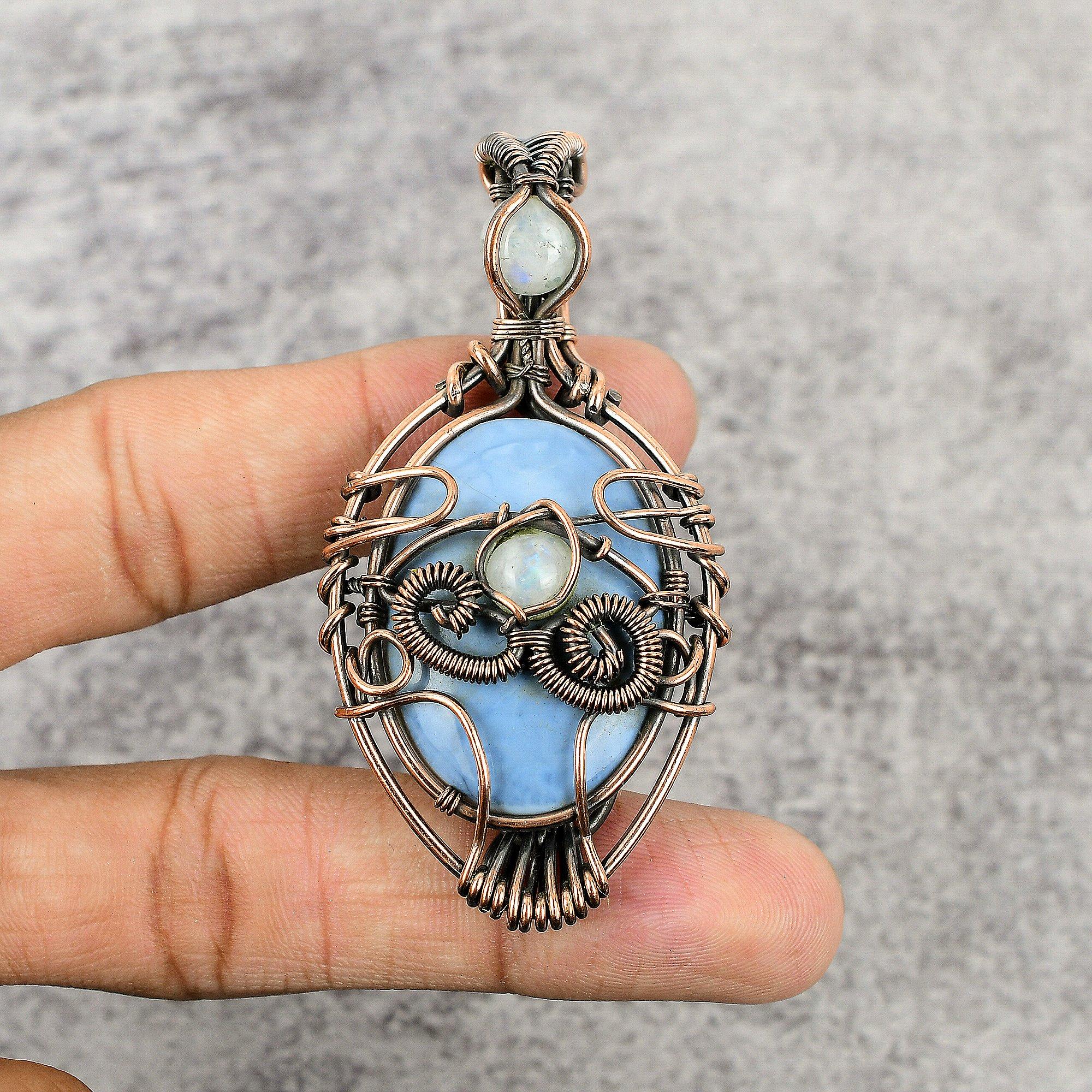 

Owyhee Opal & Rainbow Moonstone Pendant, 999 Copper Wire Wrapped Jewelry, Gemstone Pendant, Gift For Her Handmade Dainty Jewelry 2.25 Inches