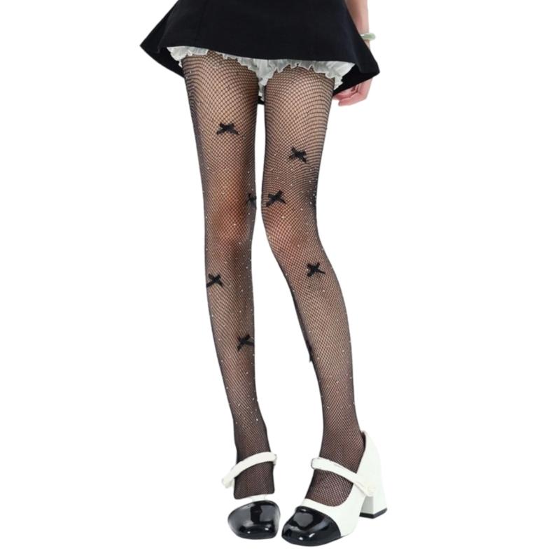 

Sparkling Velvety Bows Mesh Stockings Breathable Fishnet Design Nylon Pantyhose Evening Party Outfit Essential чорний