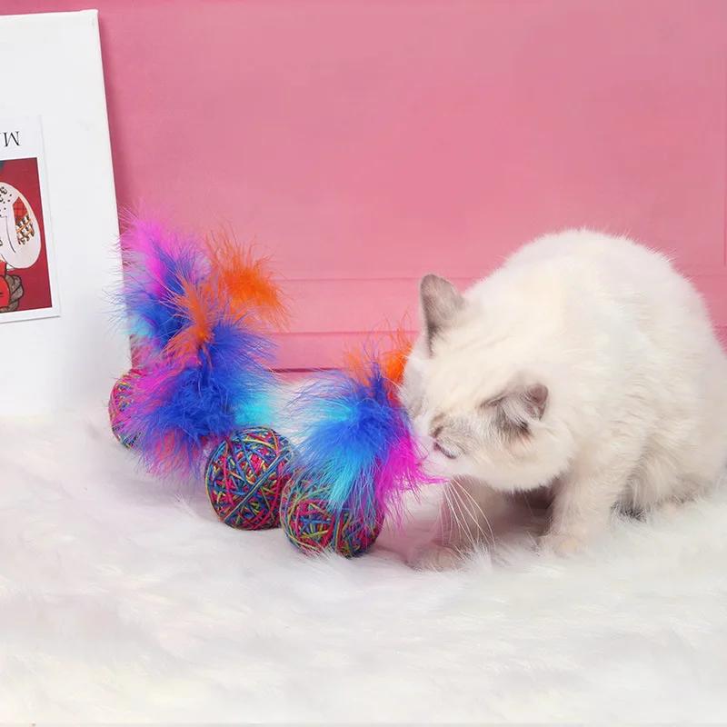 Rainbow Yarn Ball Feather Ball Funny Cat Toy Wool EVA Material Light Foam Ball Throwing Toy For Dog Cat Toy Supplies Colorful