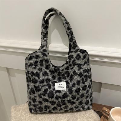 Fashion Lazy Style Winter New Leopard Print Lamb Wool Plush Design Personalized Foreign Style Single Shoulder Armpit Women's Bag Big