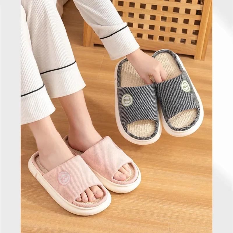 Fashion Couples Home Linen Slippers Women Men Indoor Bedroom Soft Slides Comfortable House Thick Sole Shoes Non-slip Breathable Flats