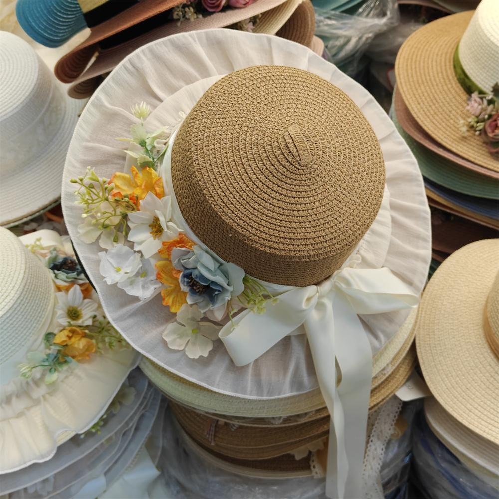 2025 new style flower decoration fresh ladies summer straw hat flat top large brim sun hat beach French elegant wedding hat