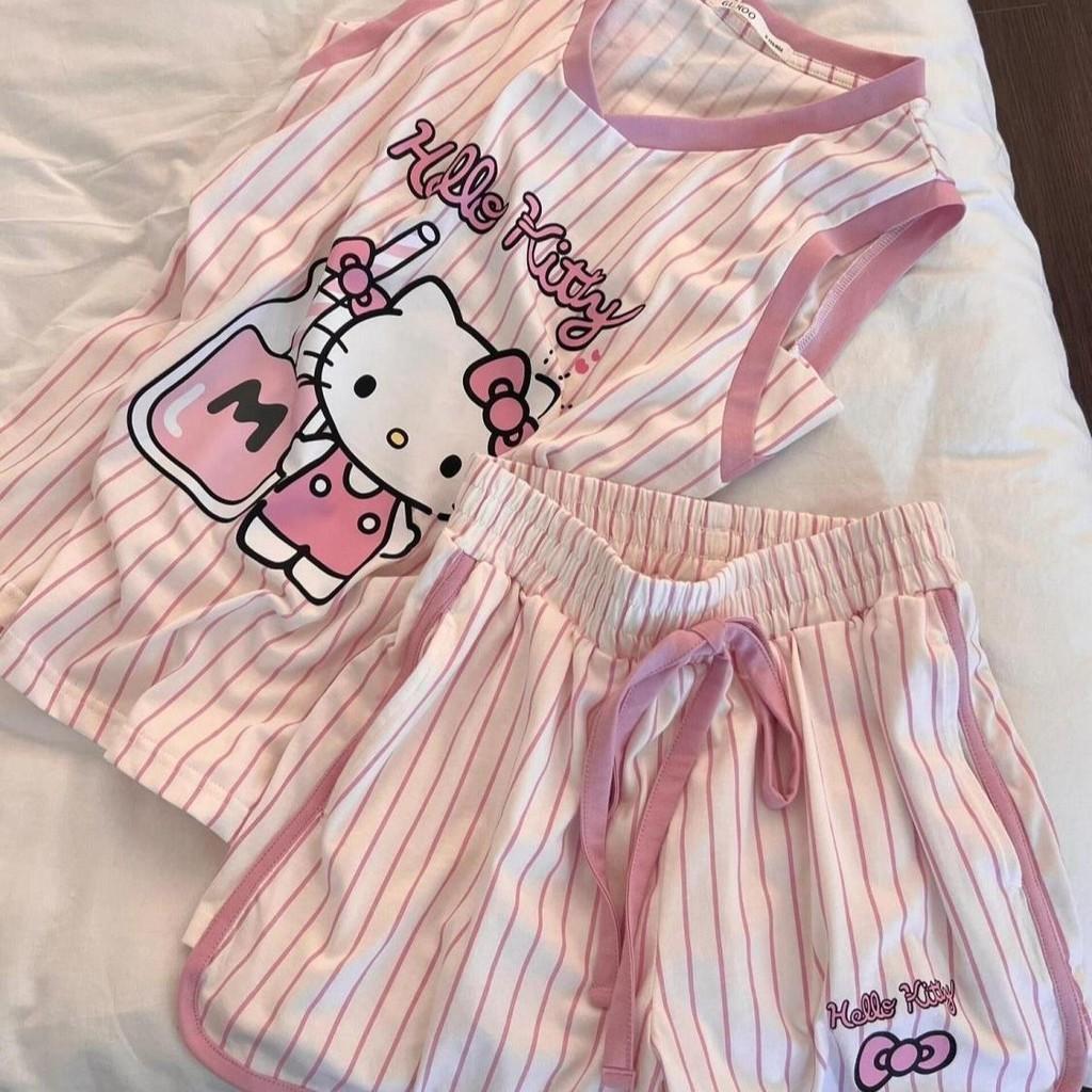 Hello Kitty Pajama Set For Girls With Striped Cotton Sleeveless Shorts Home Wear
