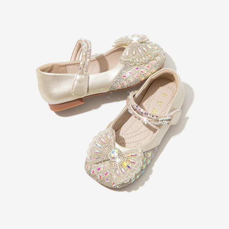 Girls' Shiny Princess Shoes with Bow Rhinestones Small Leather Shoes Fashionable Soft-soled Crystal Shoes